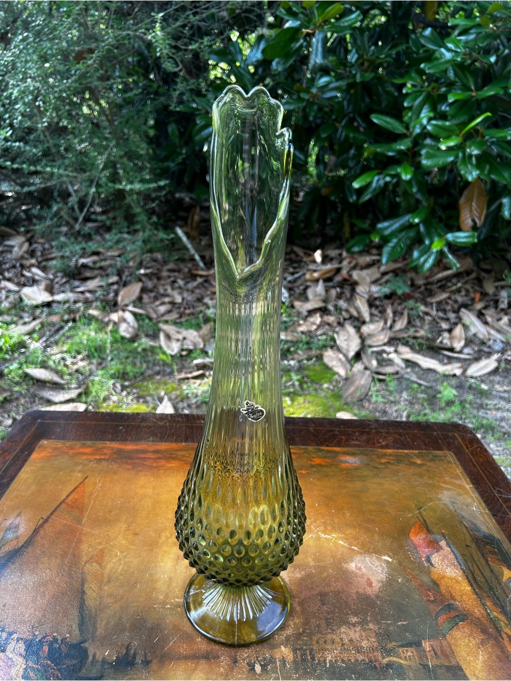 Elegant Fenton Olive Hobnail Swung Glass Vase - Vintage via
